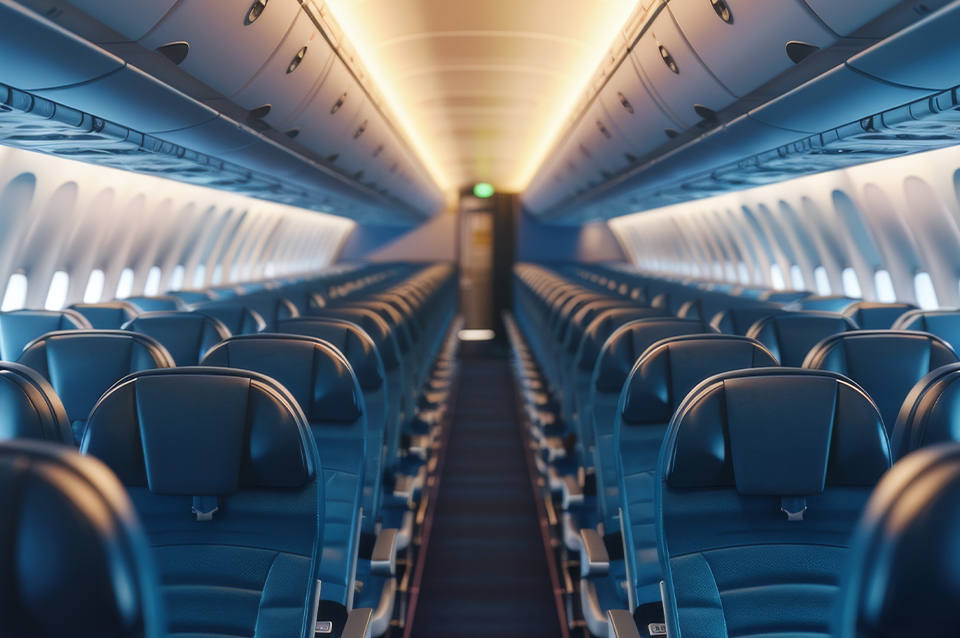 An empty main cabin of dark blue seats, showing aerospace-grade thermoplastics used throughout.