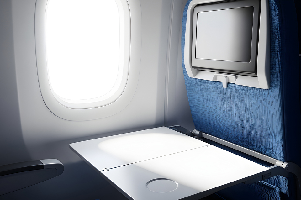 Airplane passenger cabin window and seat tray, where aerospace polycarbonate is often used.