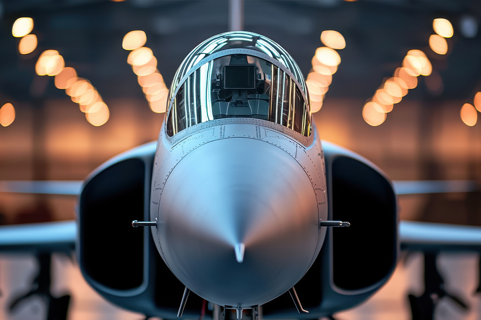 Fighter jet nose cone and cockpit canopy in a hangar, illustrating thermoplastics in aerospace design.