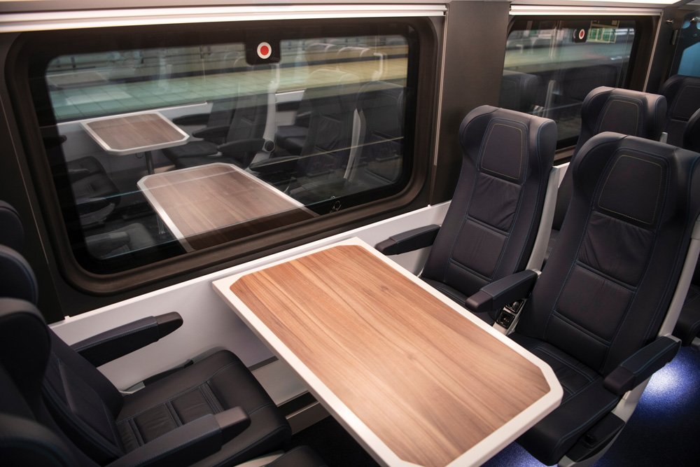 Railcar interior with table